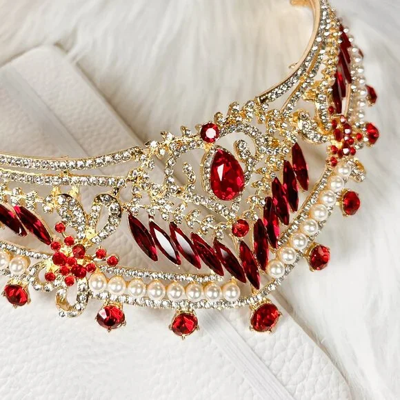 Elegant Gold Tiara for Ladies, Glamorous Crystal Red Crown, Hair Accessories - Picture 5 of 5